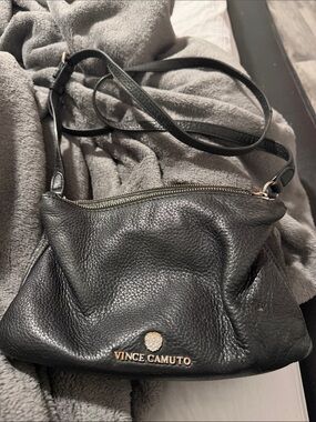 Vince Camuto Black Pebbled Leather Crossbody with Gold Logo